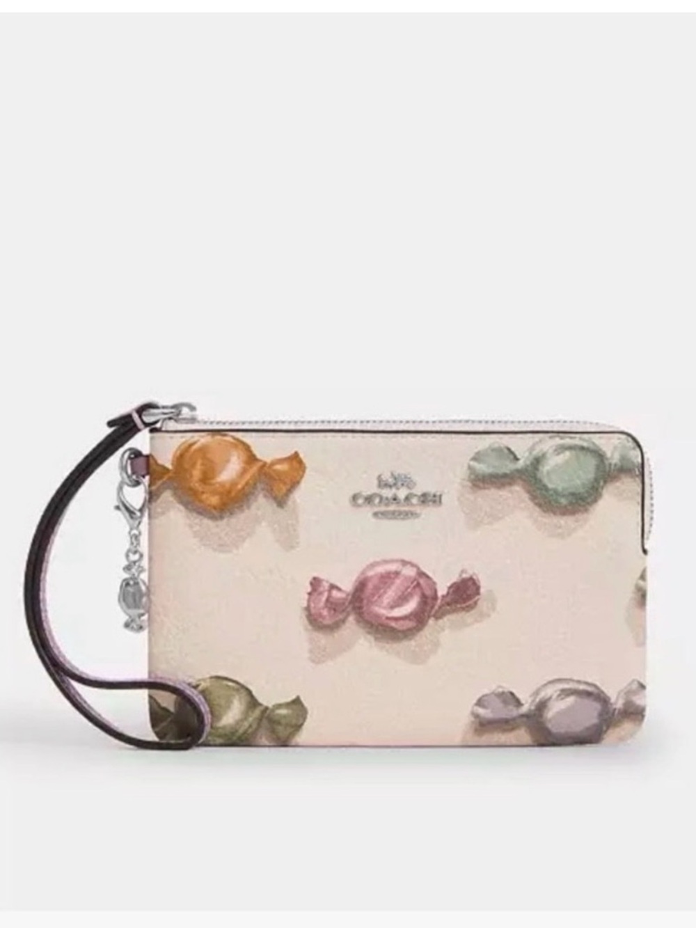 COACH Candy Print Refined Cream Pebbled Leather Corner Zip Wristlet - NWT